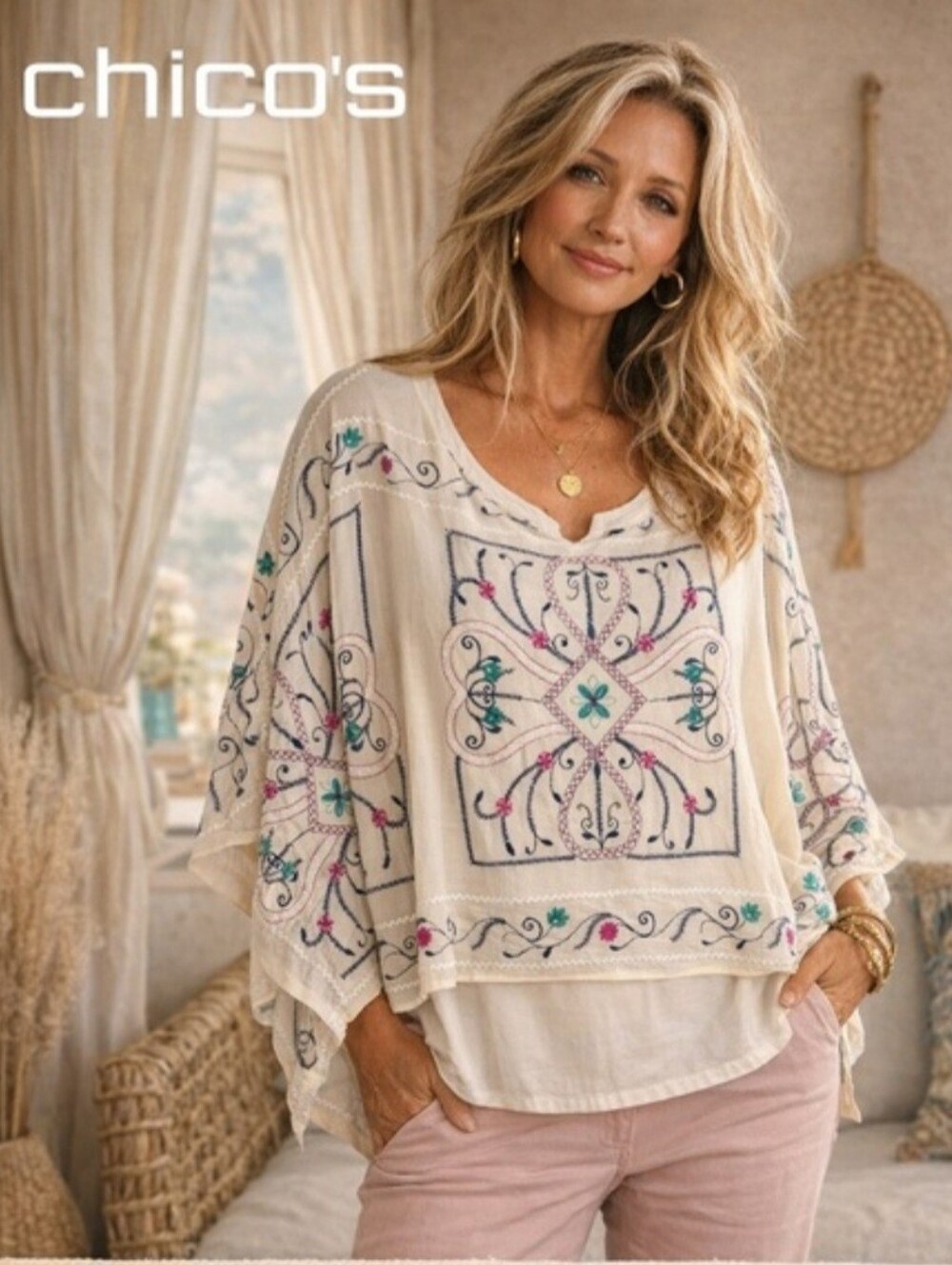 Chico's Cream Embroidered Floral Boho Blouse with Pink & Teal Accents - Picture 9 of 10